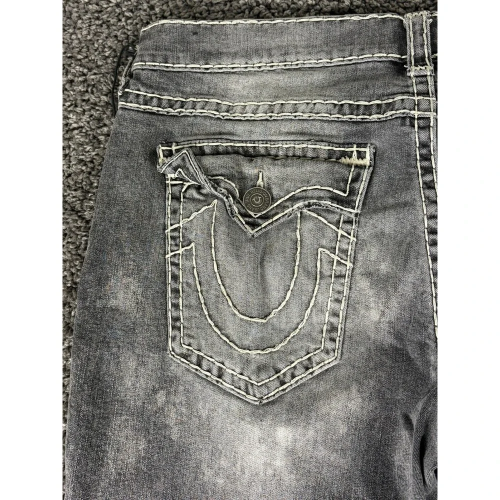 True Religion Ricky Relaxed Straight Jeans Mens 40 Grey Acid Wash White Stitch